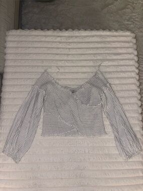 Guess Women's Cropped Smocked Top in Ivory with Black Pinstripes